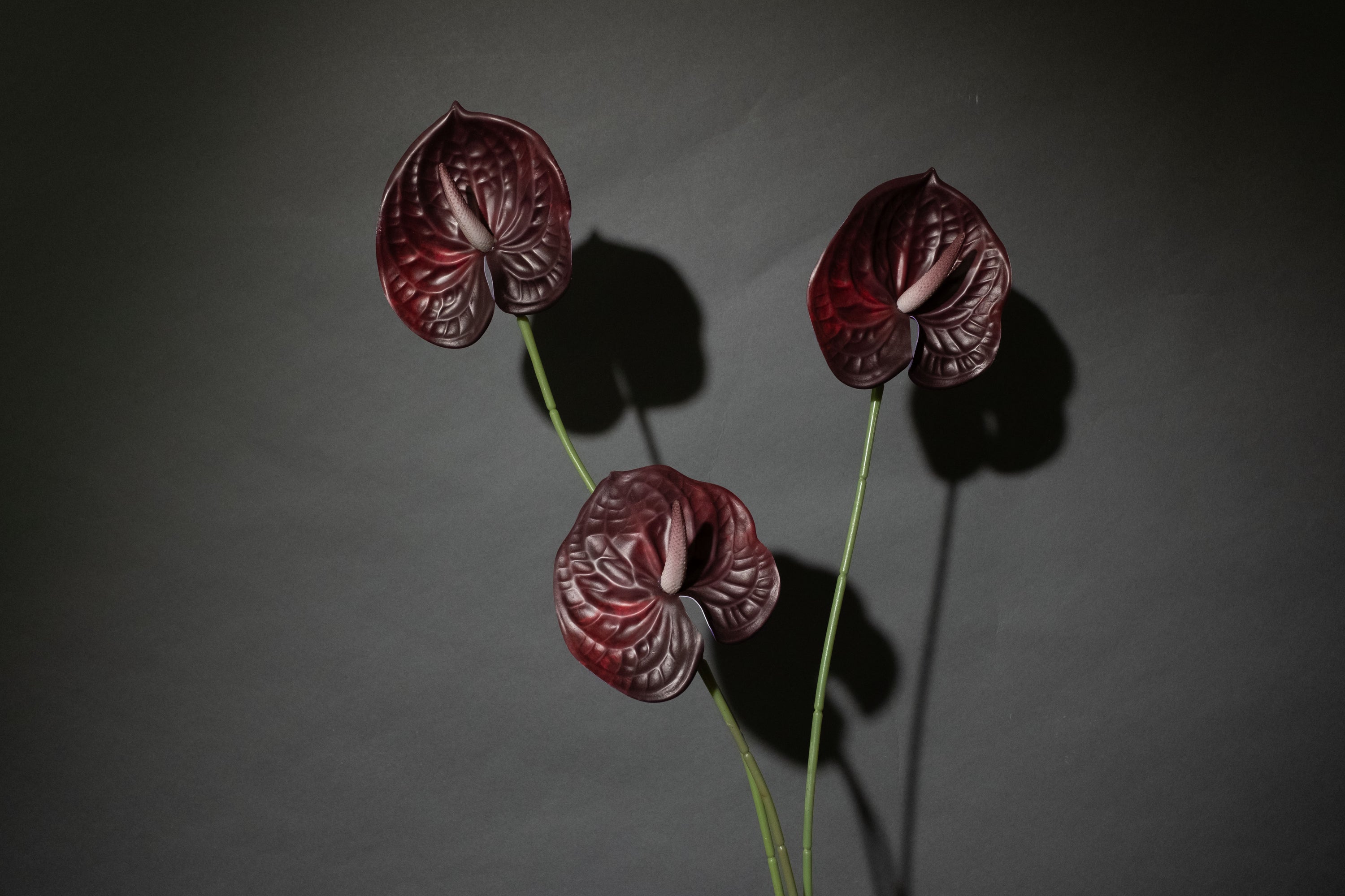 Detailaufnahme einer Kunstblume mit matter Oberflaeche und geprägter Blattstruktur